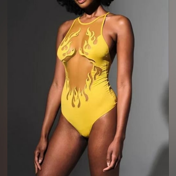 Thistle and Spire Tops - Thistle and Spire Smokin Mirrors Bodysuit in a mustard yellow color M